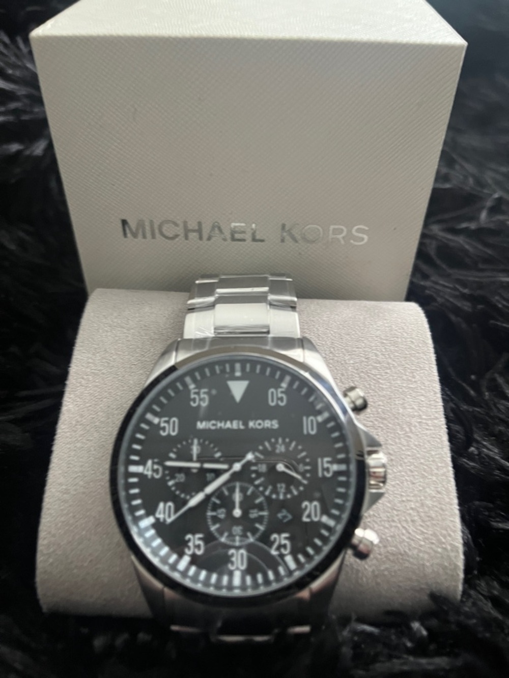 Michael Kors Silver Stainless Steel Chronograph Watch with Black Dial